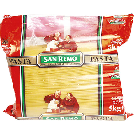 San Remo #5 Spaghetti Dry Pasta 5kg pack, ideal for Italian dishes, made from high-quality durum wheat semolina.