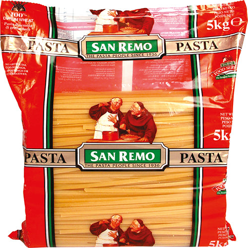 San Remo Fettuccine Pasta 5kg, premium durum wheat pasta for al dente dishes, perfect for family meals and gourmet sauces.