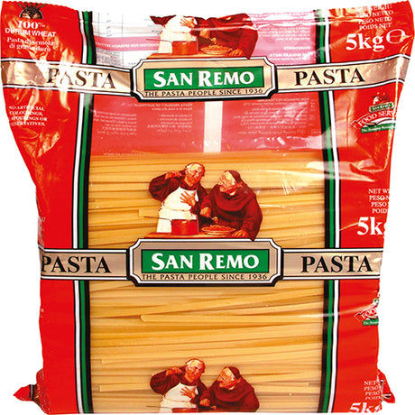 San Remo Fettuccine Pasta 5kg, premium durum wheat pasta for al dente dishes, perfect for family meals and gourmet sauces.