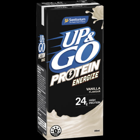 Sanitarium Up & Go Protein Energize Vanilla Liquid Breakfast, 12 bottles, high-protein, low-fat, nutritious morning boost.