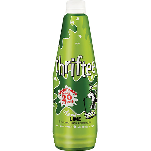 Thriftee Jamaican Lime Drink Concentrate 540ml, low calorie, zesty flavor for cocktails or refreshing beverages.