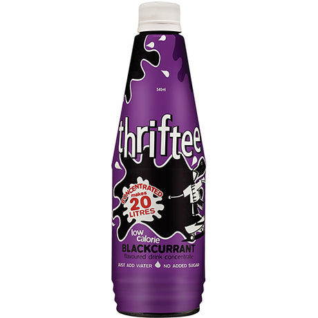 A 540ml bottle of Thriftee Low Calorie Blackcurrant Drink Concentrate for flavorful, guilt-free hydration and health benefits.