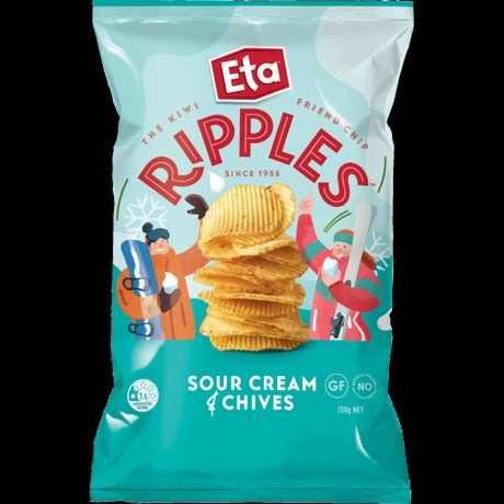 Crunchy Eta Ripple Cut Potato Chips in sour cream and chives flavor, gluten-free, 150g pack, made in New Zealand.