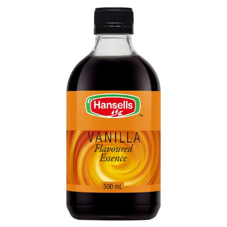 Hansells Vanilla Flavoured Essence 500ml, a rich imitation vanilla for enhancing desserts, cookies, and cakes.