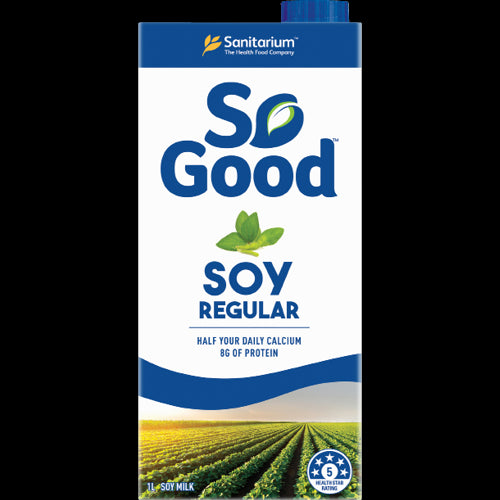 Creamy and nutritious 1L Sanitarium So Good Soy Milk, perfect for coffee, smoothies, and a dairy-free lifestyle.