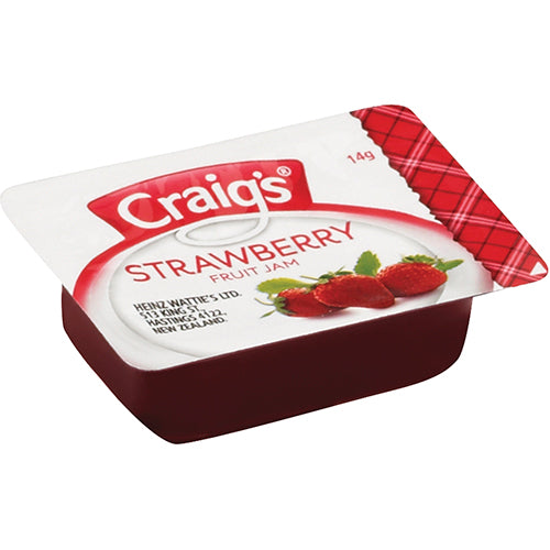 Strawberry jam pack of 75 x 14g sachets, perfect for spreading or adding flavor to various dishes.