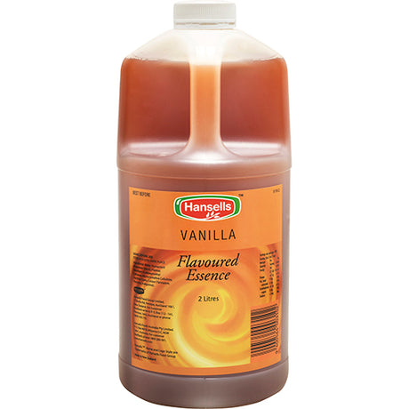 2-liter bottle of Hansells Vanilla Flavoured Essence, perfect for enhancing desserts and dishes with rich vanilla flavor.