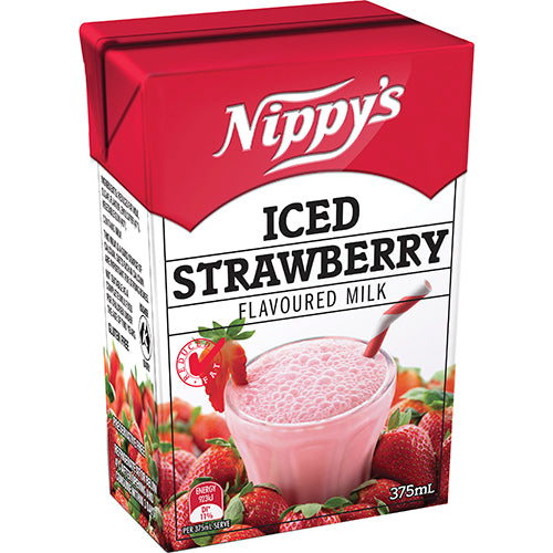 Pack of 24 Nippy's Iced Strawberry Flavoured Milk, 375ml bottles, creamy, refreshing drink perfect for picnics, lunchboxes, and smoothies.