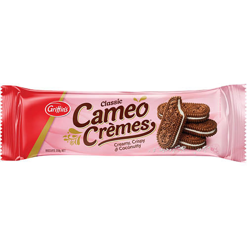 Delicious Griffin's Classic Cameo Cremes 250g featuring creamy centers in rich biscuit layers, perfect for sharing or snacking.