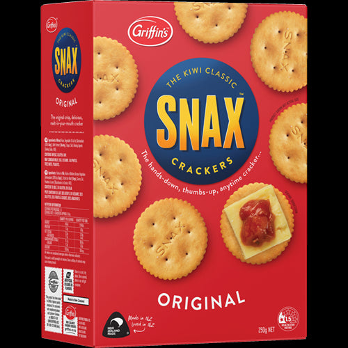 Pack of 250g Griffin's Snax Original Crackers, showcasing light, crispy texture, perfect for pairing with various toppings.