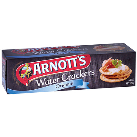 Crisp and delicate Arnott's Original Water Crackers, perfect for pairing with cheeses and spreads in a 125g package.