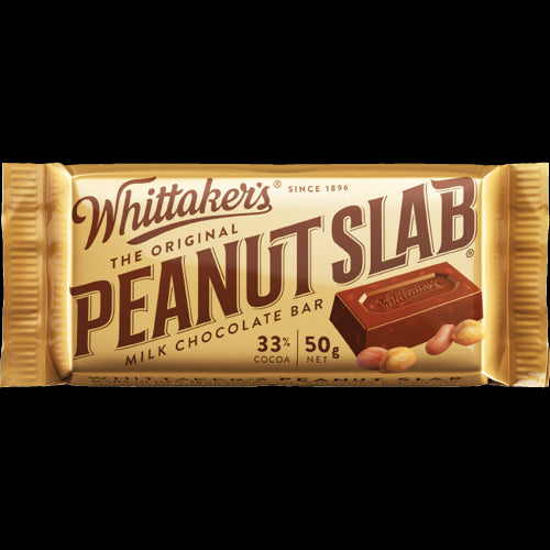 Whittaker's Peanut Slab, 50 x 50g bars of smooth milk chocolate with crunchy peanuts, perfect for sharing or snacking.