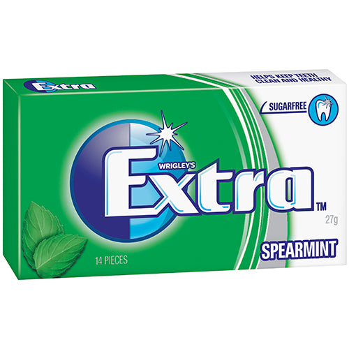 Wrigley's Extra Spearmint Sugarfree Gum pack containing 24 pocket-sized 27g packs for fresh breath anytime, anywhere.