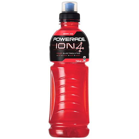 Powerade ION4 Berry Ice Sports Drink pack of 15 x 750ml bottles, designed for hydration and electrolyte replenishment.