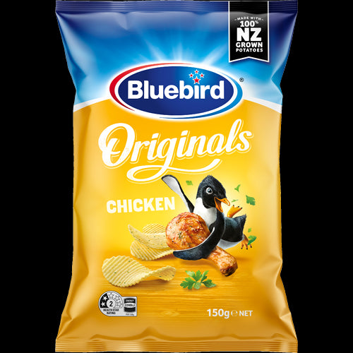 Bag of Bluebird Originals Chicken Potato Chips 150g, showcasing crispy, golden chips with unique chicken seasoning.