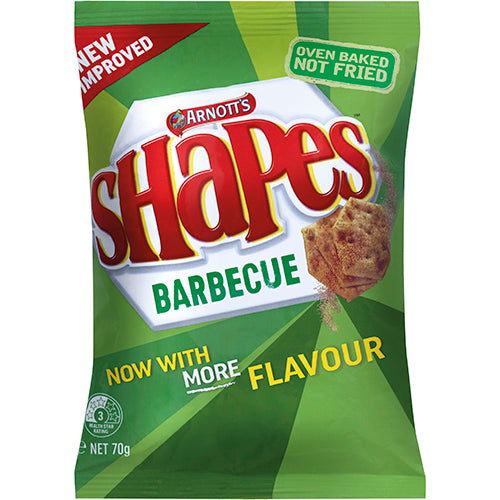 Crispy Arnott's Shapes Barbeque Crackers 70g, seasoned with zesty barbeque flavor, perfect for snacking and sharing.