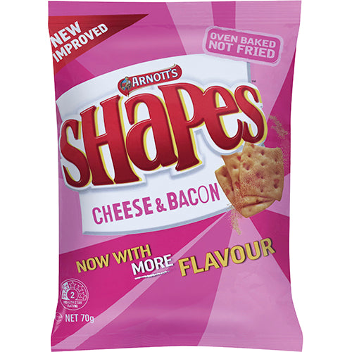 A pack of Arnott's Shapes Cheese & Bacon Crackers, featuring a crunchy texture and rich cheesy-bacon flavor perfect for snacking.