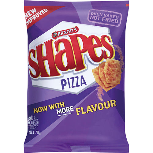 A pack of Arnott's Shapes Pizza Crackers, 70g, featuring crispy snacks with a savory pizza flavor.