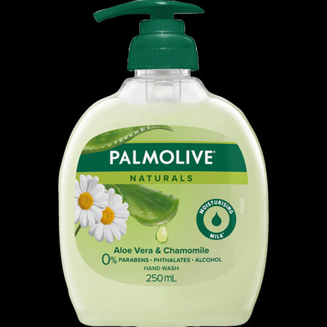 Palmolive Naturals Softening Aloe Vera & Chamomile Hand Wash 250ml, moisturizing formula with natural ingredients in a pump bottle.