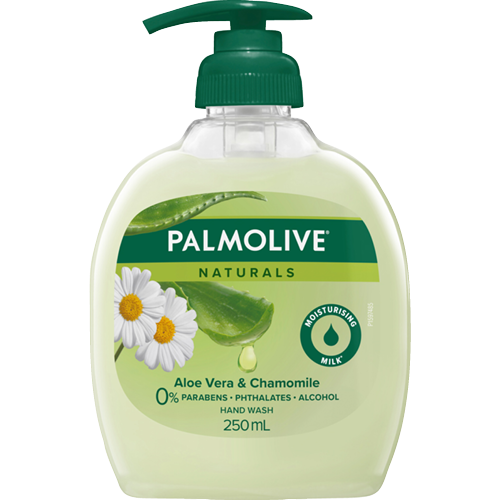 Palmolive Naturals Softening Aloe Vera & Chamomile Hand Wash 250ml, moisturizing formula with natural ingredients in a pump bottle.