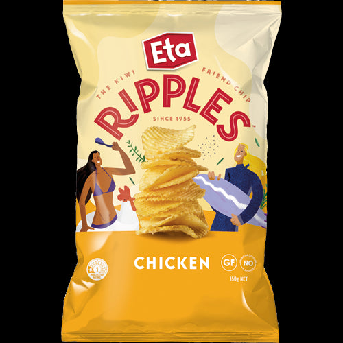 Crispy Eta Ripple Cut Chicken Potato Chips, gluten-free, made from New Zealand potatoes with savory chicken seasoning.