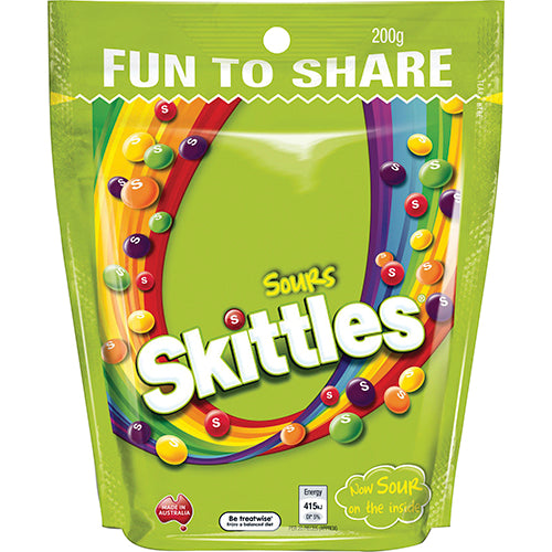 Colorful Skittles Sours 190g pack featuring bite-sized candies in sour lemon, orange, strawberry, green apple, and grape flavors.