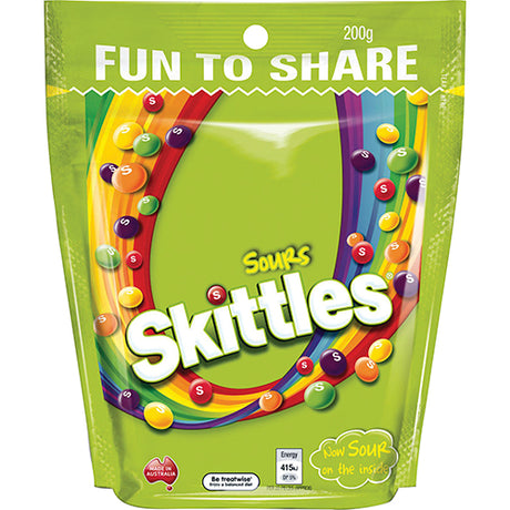 Colorful Skittles Sours 190g pack featuring bite-sized candies in sour lemon, orange, strawberry, green apple, and grape flavors.