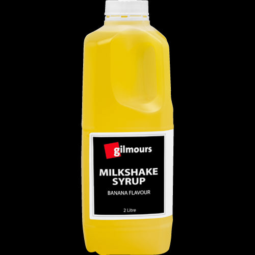 Gilmours 2L banana milkshake syrup, perfect for creamy beverages and desserts, free from artificial colors and preservatives.