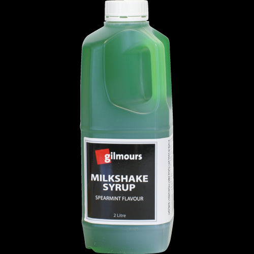 Gilmours Spearmint Flavoured Milkshake Syrup in a 2L bottle, perfect for creating refreshing milkshakes and desserts.