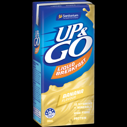 Sanitarium Up & Go Banana Liquid Breakfast pack, 12 x 350ml, protein-rich, 98.5% fat-free, high in calcium, and vitamin-enriched.