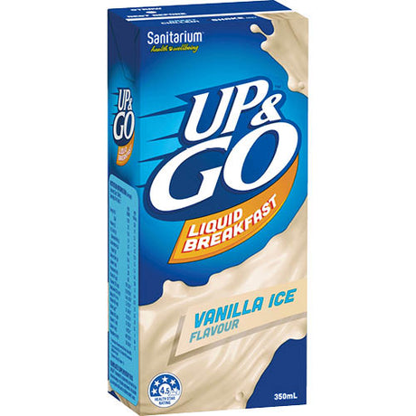 Sanitarium Up & Go Vanilla Ice Flavor Liquid Breakfast, 12 x 350ml bottles, protein-rich, high fiber, convenient on-the-go meal.