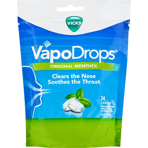 Vicks VapoDrops Original Menthol Lozenges 24pk for fast relief of sore throats and nasal congestion with refreshing menthol flavor.