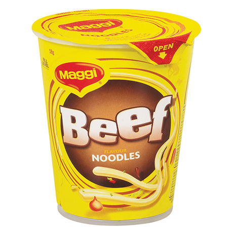 Maggi Beef Noodles 58g pack featuring instant noodles, flavor sachet, and instructions for a quick, delicious meal.