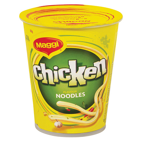 Instant Maggi Chicken Noodles 60g in a cup, offering rich chicken flavor and quick preparation for busy meals.