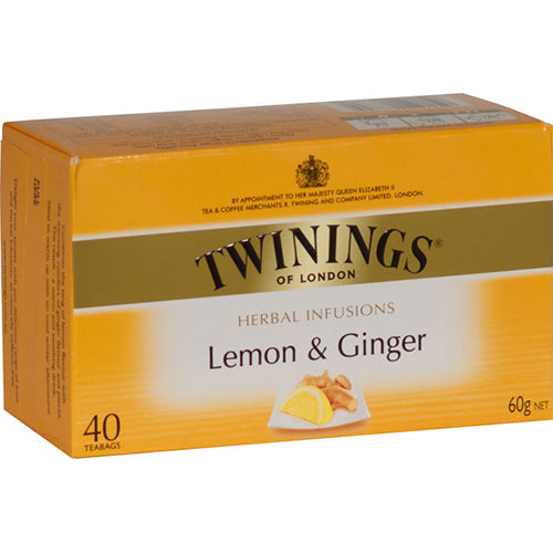 Twinings Infusions Lemon & Ginger Tea Bags 40pk, a soothing caffeine-free blend for refreshing moments anytime.