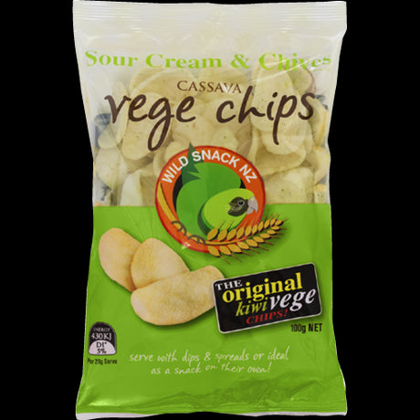 Crispy gluten-free cassava chips flavored with sour cream and chives, perfect for guilt-free snacking.