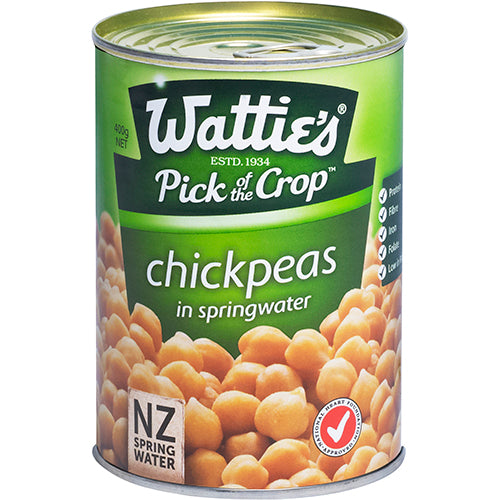 Canned Wattie's chickpeas in spring water, perfect for salads, soups, and a nutritious plant-based protein source.