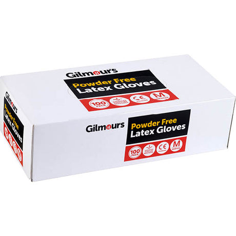 Gilmours Powder-Free Latex Gloves in Medium, ideal for safe hand protection in food prep, healthcare, and cleaning tasks.