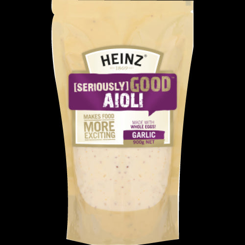 Creamy Heinz Seriously Good Garlic Aioli 900g, perfect for dipping, spreading, and enhancing your favorite dishes.