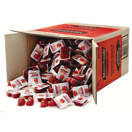 Masterfoods Squeeze Me Tomato Sauce packets, 300 x 14g, ideal for meals on-the-go with convenient single-use portions.