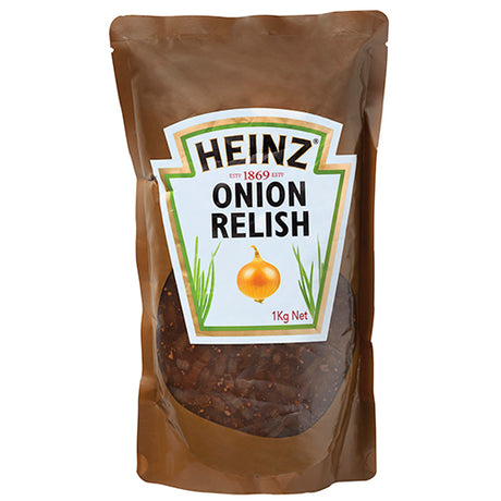 Heinz Onion Relish 1kg jar, a flavorful condiment for sandwiches, burgers, and hot dogs, adding tangy zest to meals.