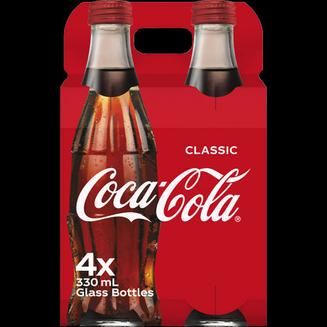 Classic Coca-Cola Soft Drink Glass Bottles multipack, featuring 4 x 330ml bottles perfect for refreshing enjoyment anywhere.