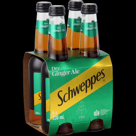 Four 330ml bottles of Schweppes Dry Ginger Ale, featuring a zesty flavor and refreshing carbonation for any occasion.