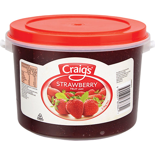 Craig's Strawberry Jam 2.5kg jar, made from hand-picked strawberries, perfect for spreads and desserts, all-natural and flavorful.