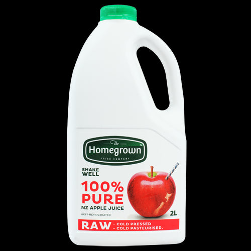 Fresh 100% NZ apple juice in a 2-liter bottle by The Homegrown Juice Company.