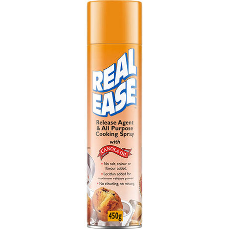 Real Ease Cooking Spray 450g, a versatile non-stick spray for healthier cooking, ideal for sautéing, baking, and grilling.