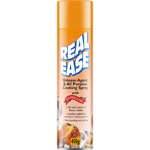 Real Ease Cooking Spray 450g, a versatile non-stick spray for healthier cooking, ideal for sautéing, baking, and grilling.