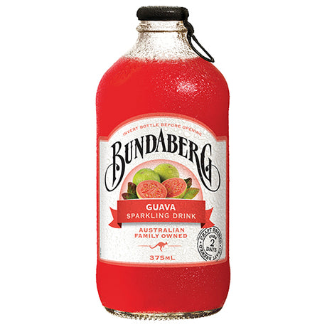 Twelve 375ml bottles of Bundaberg Guava Sparkling Drink with tropical flavor and bubbly effervescence, ideal for gatherings.