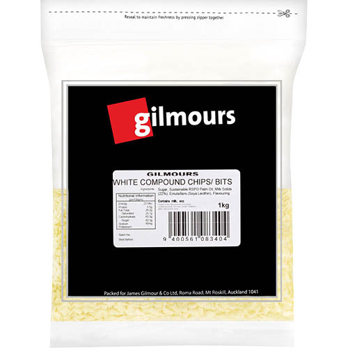 Gilmours 1kg White Chocolate Compound Chips, perfect for baking, melting, and enhancing desserts with creamy sweetness.