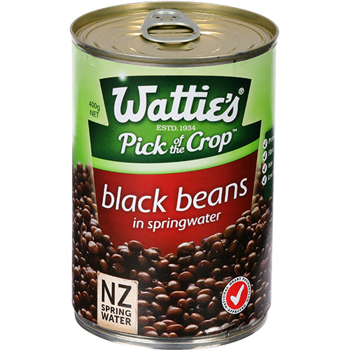 Canned Wattie's Black Beans in spring water, rich in fiber and protein, perfect for tacos, burritos, and healthy recipes.